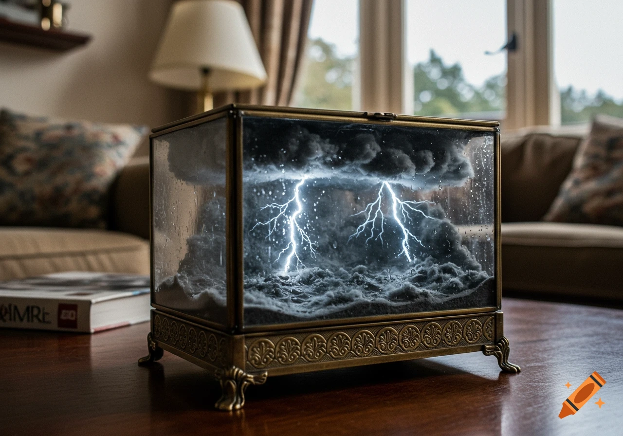 A detailed photo shows a miniature thunderstorm with lightning inside an ornate glass box on a wooden table in a living room.