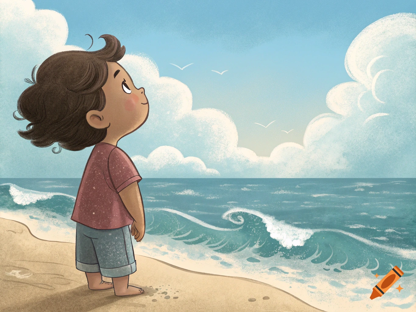 A child stands on a beach, looking up at the sky. Digital illustration.