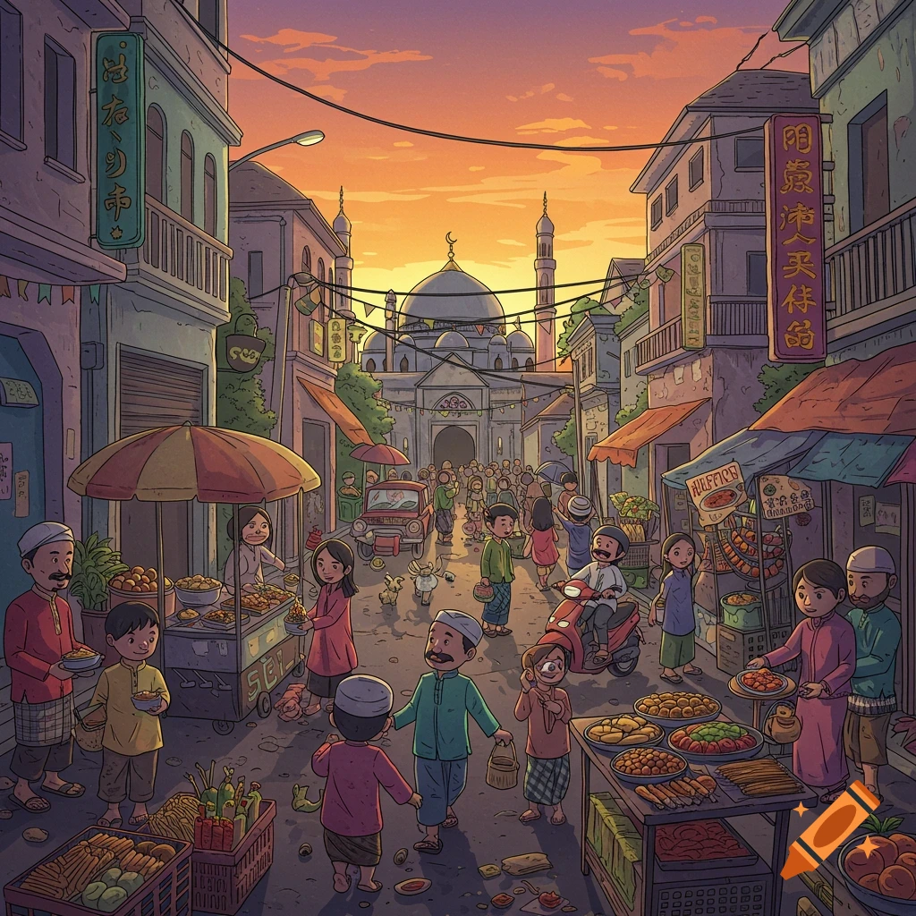 Illustrated scene of a busy street market in front of a mosque at sunset.