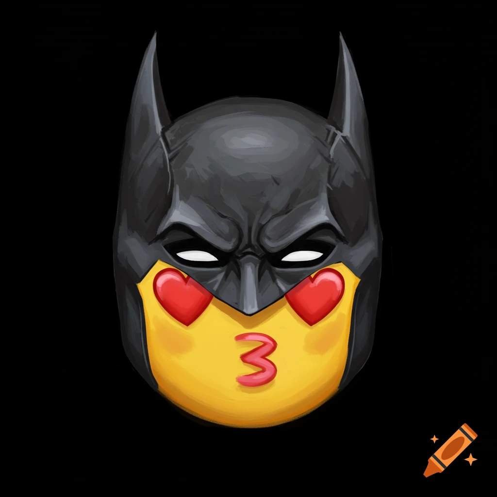Illustration of a kissy face emoji wearing a Batman cowl.