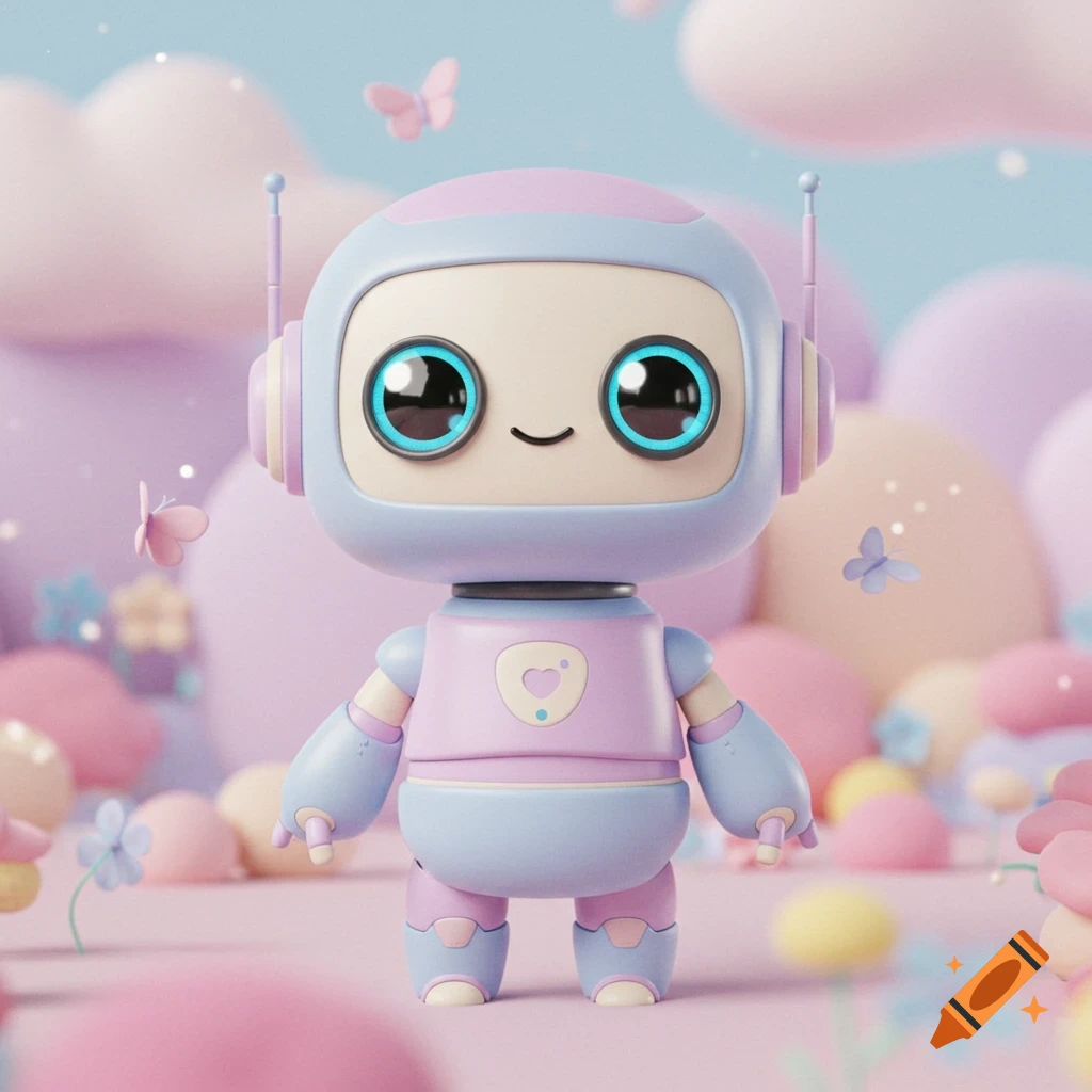 A cute pastel colored cartoon robot with big blue eyes stands in a field of soft pink and blue shapes with butterflies.
