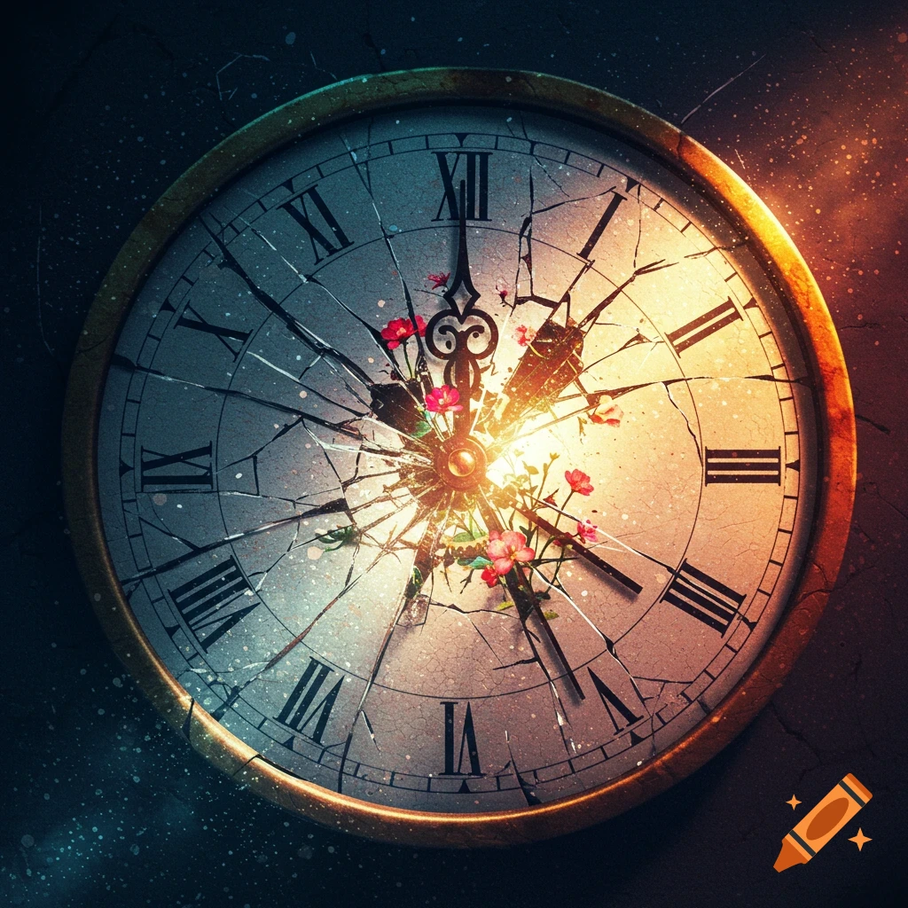 A close-up of a cracked clock face with Roman numerals, illuminated by light, with small flowers growing from the center.
