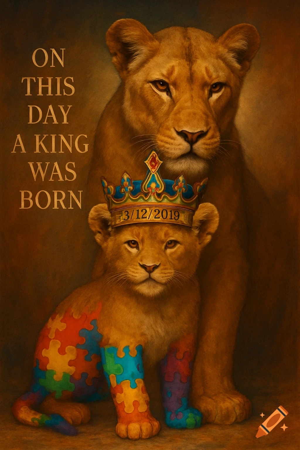 Painting of a lioness behind her cub wearing a crown with the date 3/12/2019. The cub's lower body is colorful puzzle pieces. Text reads 'ON THIS DAY A KING WAS BORN'.