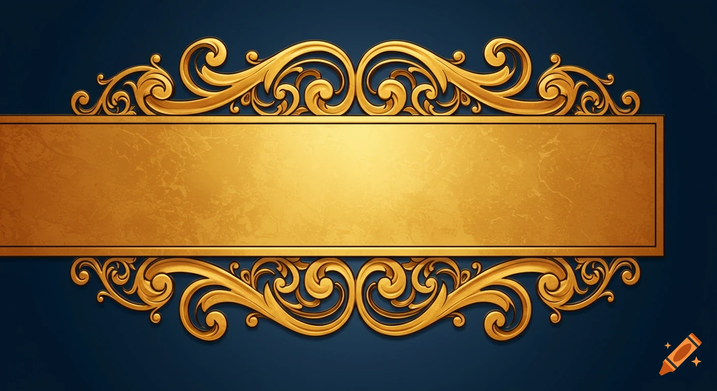 Gold banner with ornate filigree on a blue background