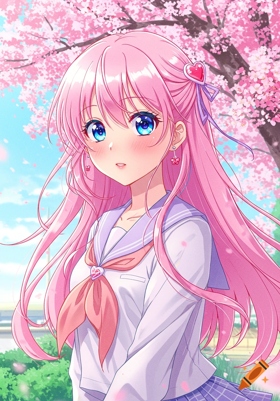 Anime girl with pink hair in school uniform under cherry blossoms.