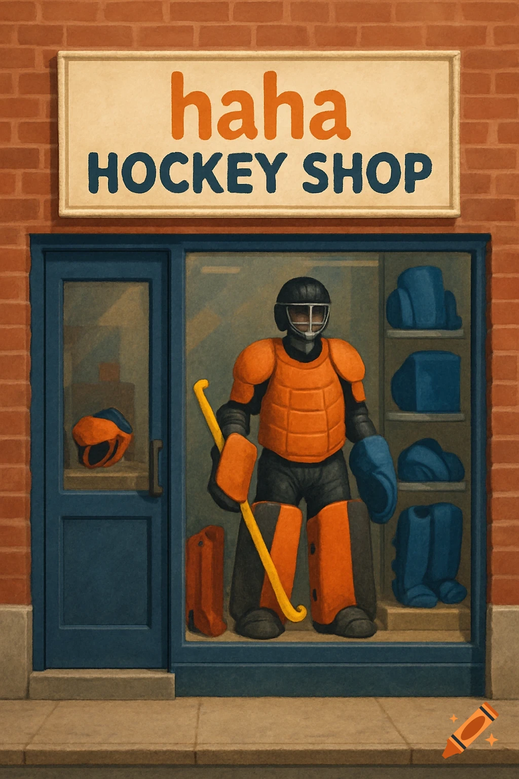 Illustrated hockey shop exterior with a goalie display in the window and 'haha HOCKEY SHOP' sign.