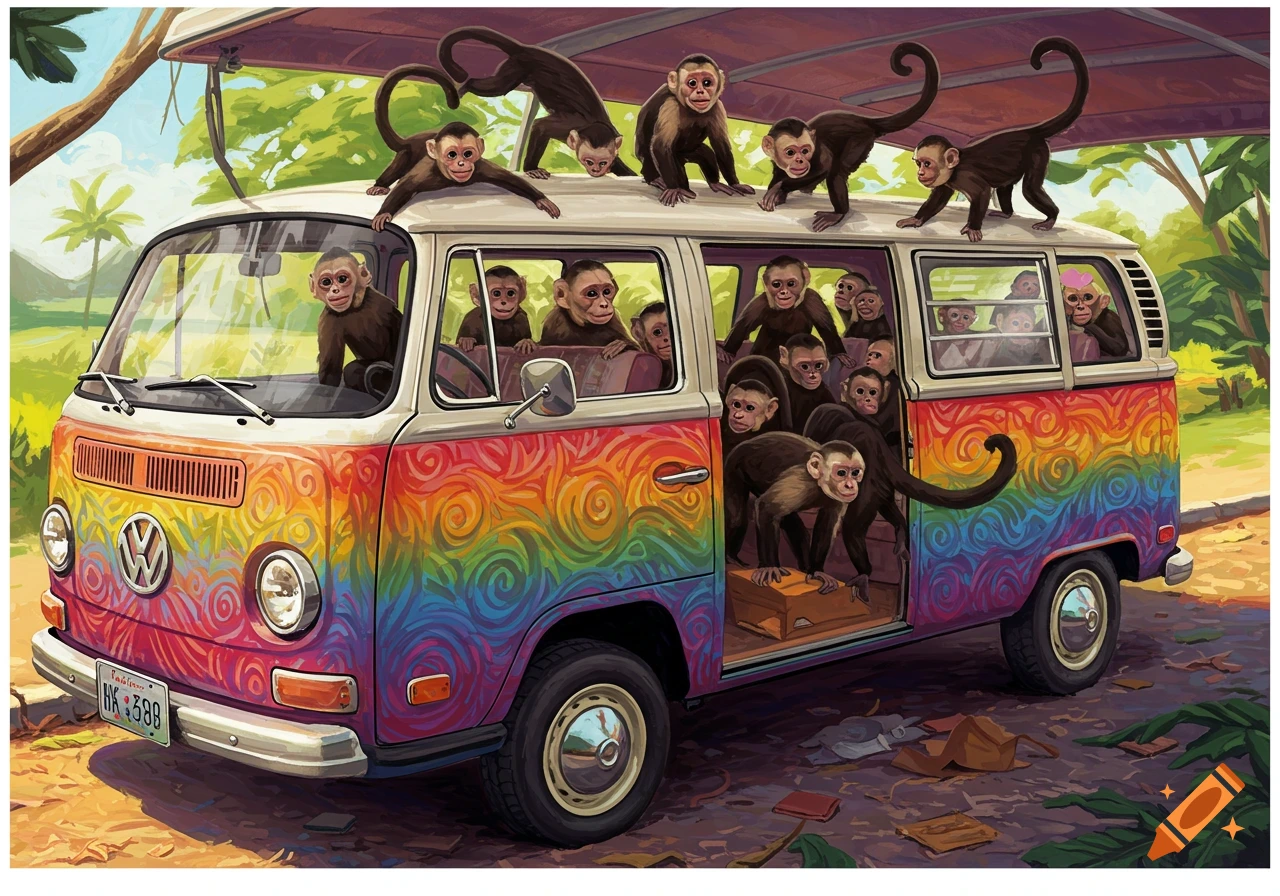 Illustration of many monkeys inside and on a rainbow-painted VW van in a tropical setting.