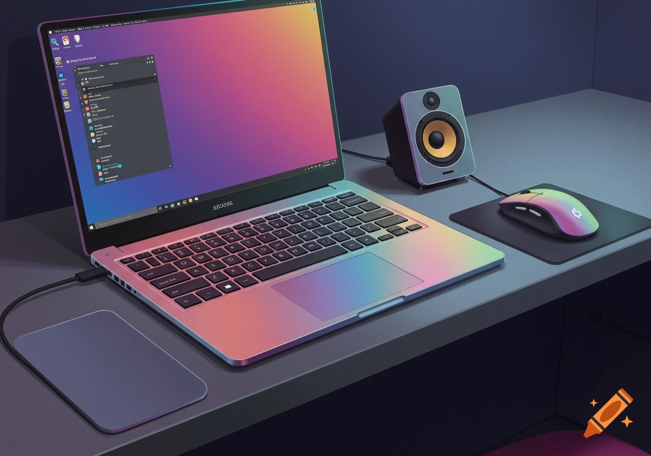 A vibrant, colorful laptop sits on a desk with a matching mouse and speaker.