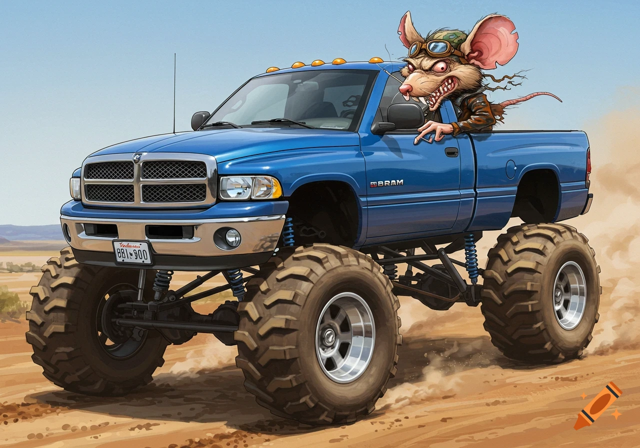 Illustration of a blue monster truck driven by a crazy rat in a desert.