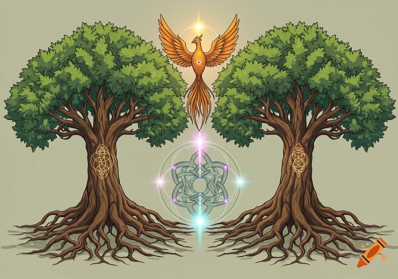 Stylized illustration of two ancient trees with intertwined roots and celtic knots, with a phoenix rising above a geometric symbol between them.
