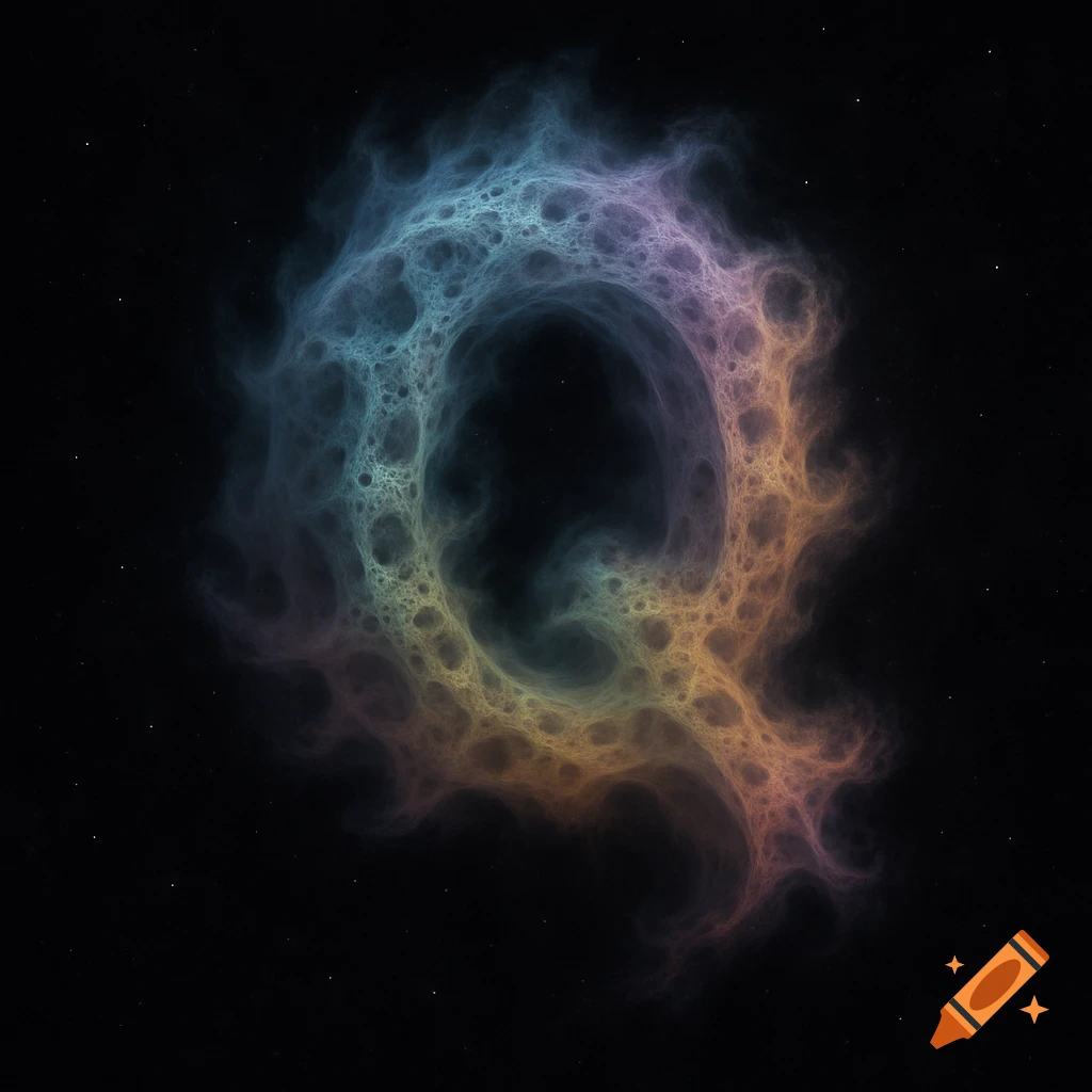 Abstract colorful fractal shape in space, resembling a letter Q.