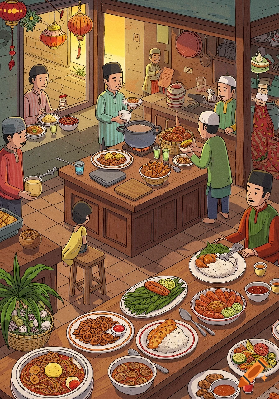 Illustration of people preparing and eating a meal during Ramadan, with lanterns hanging.
