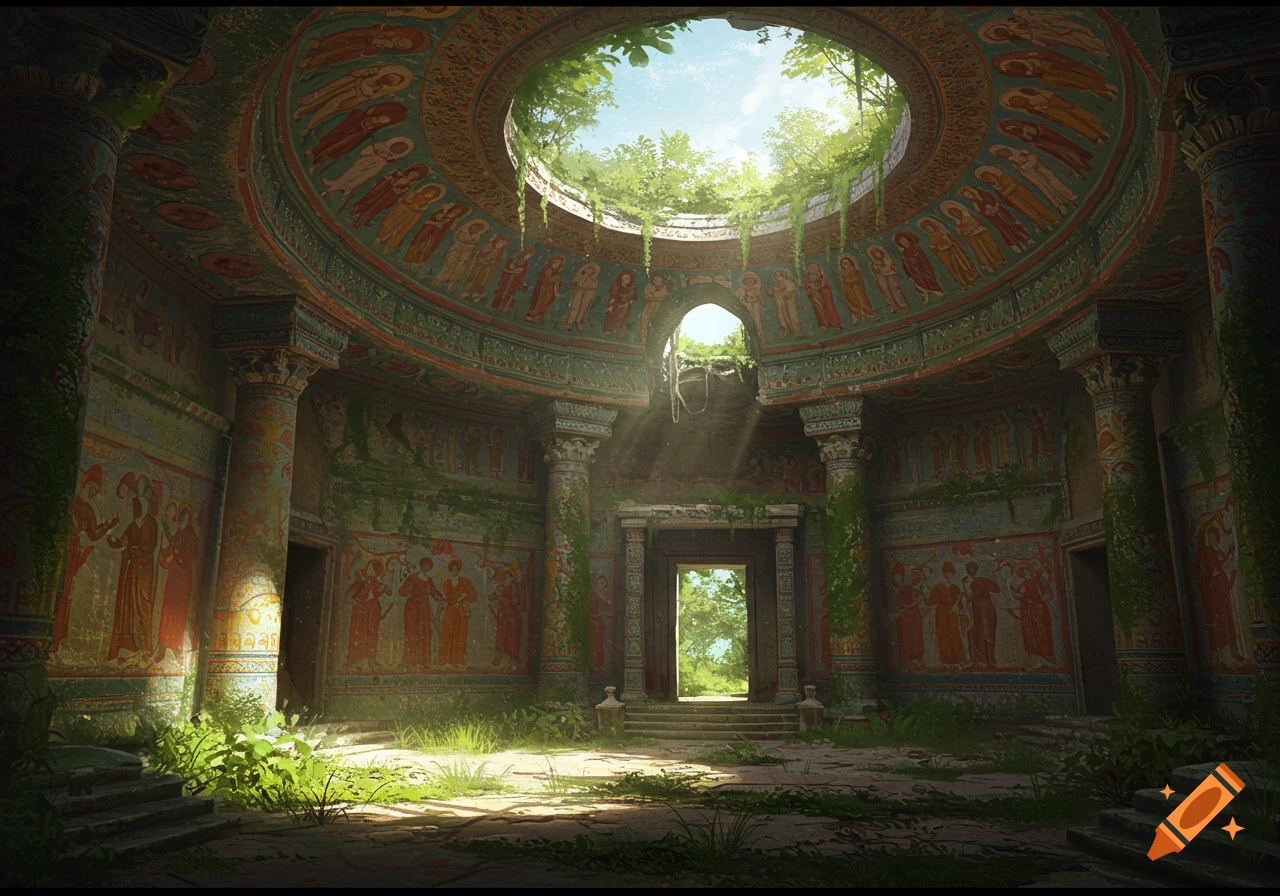 Ancient temple interior with ornate paintings, collapsed roof, overgrown with plants, and sunlight shafts.