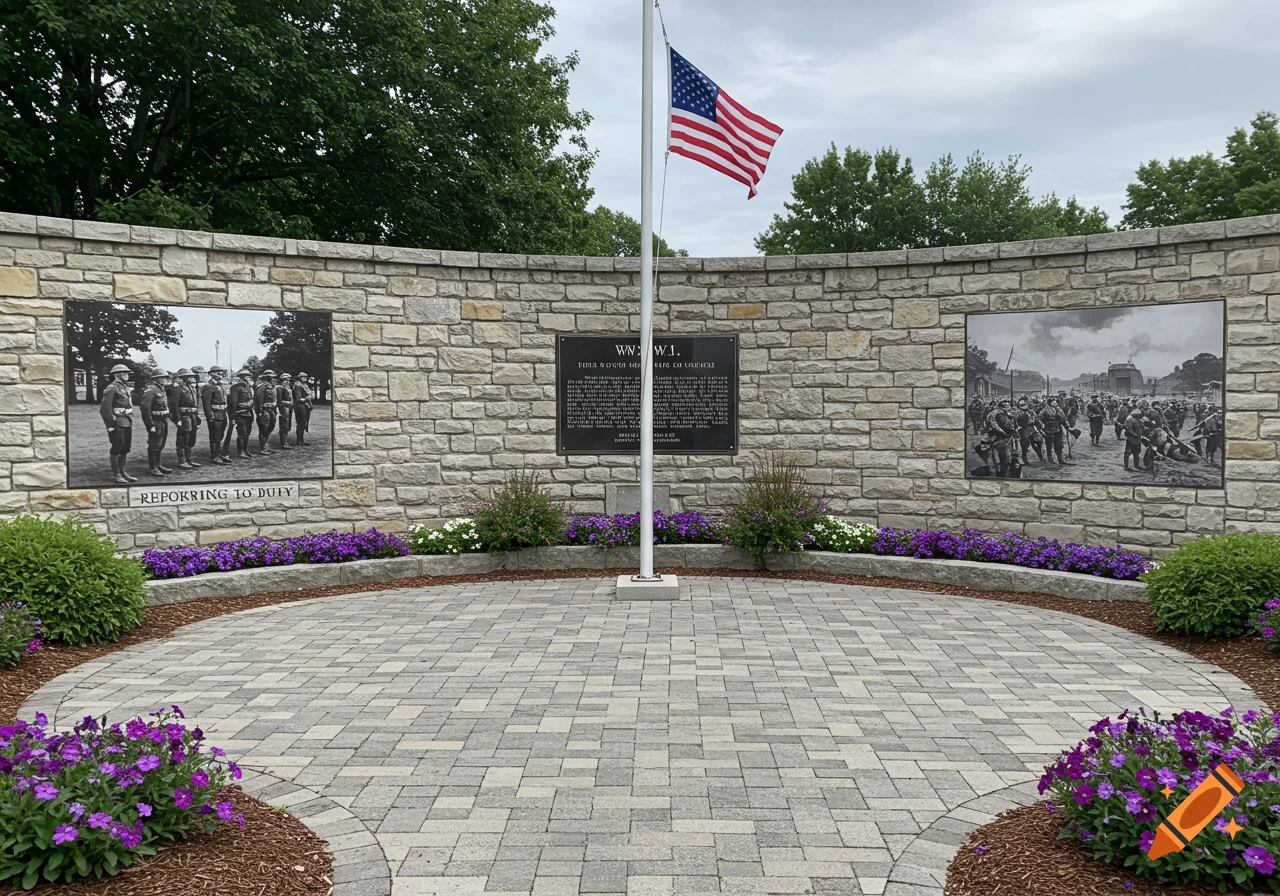 WW1 memorial with US flag, stone wall, historical photos, paver patio, and purple flowers.