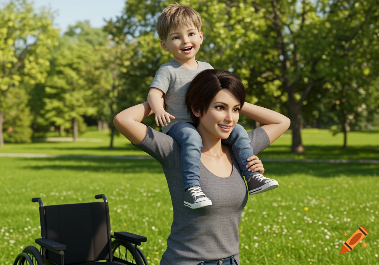 A woman gives a child a piggyback ride in a sunny park. A wheelchair is nearby. Photorealistic style.