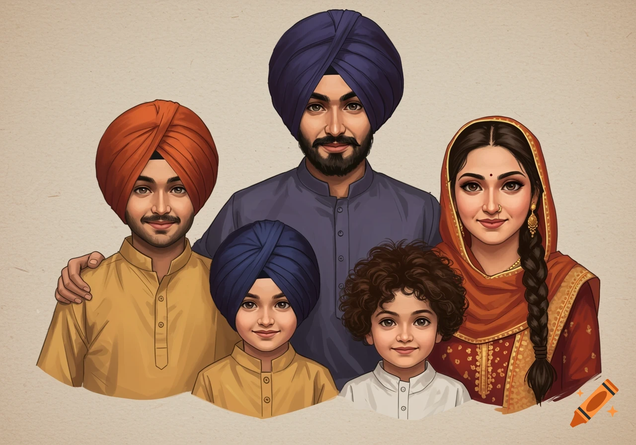 Illustration of a Punjabi family wearing traditional clothing and turbans.