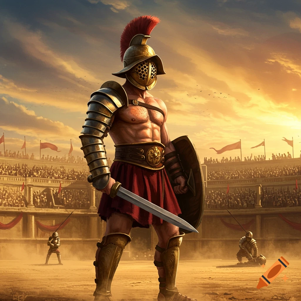 A muscular gladiator stands in a crowded arena holding a sword and shield under a dramatic sky.