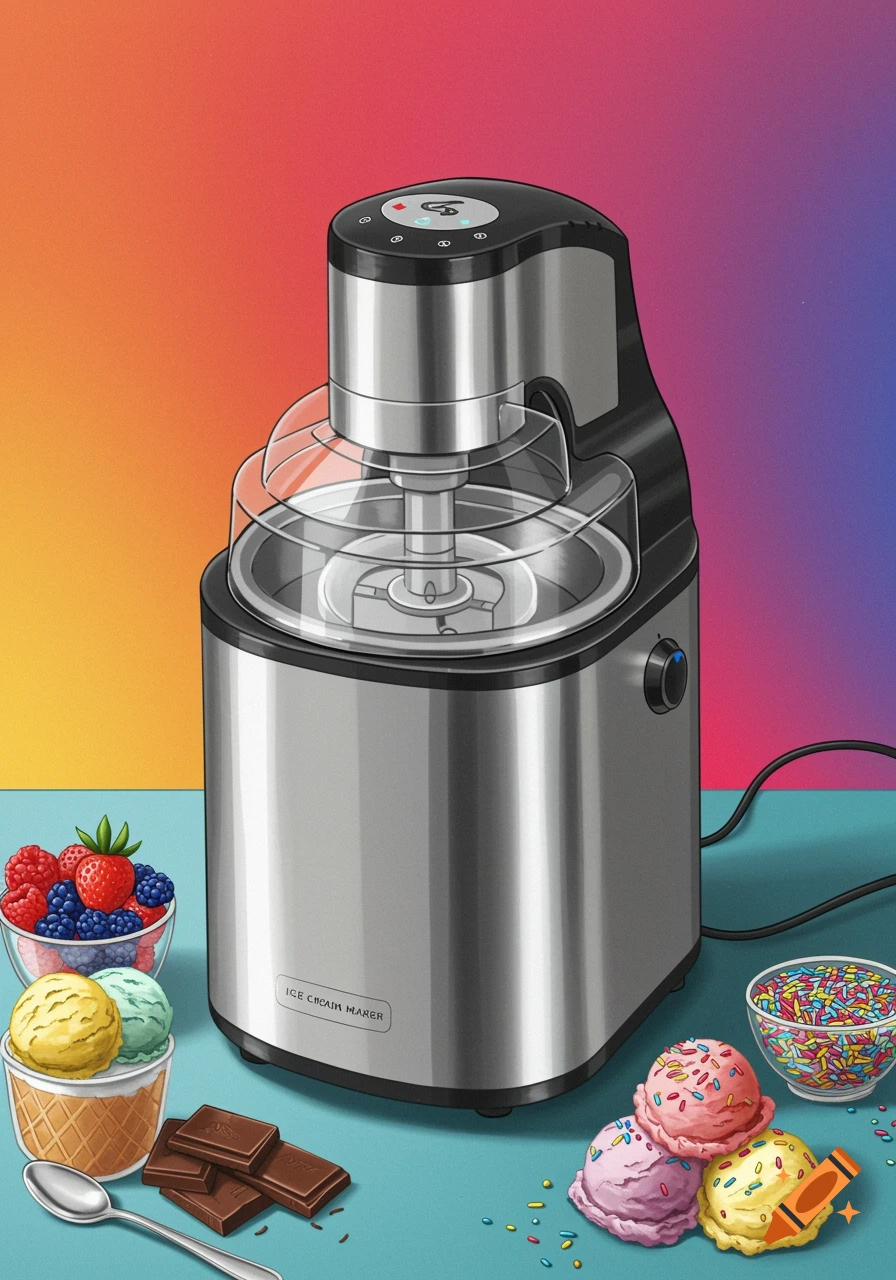Illustration of an ice cream maker, scoops of ice cream, berries, chocolate, and sprinkles.