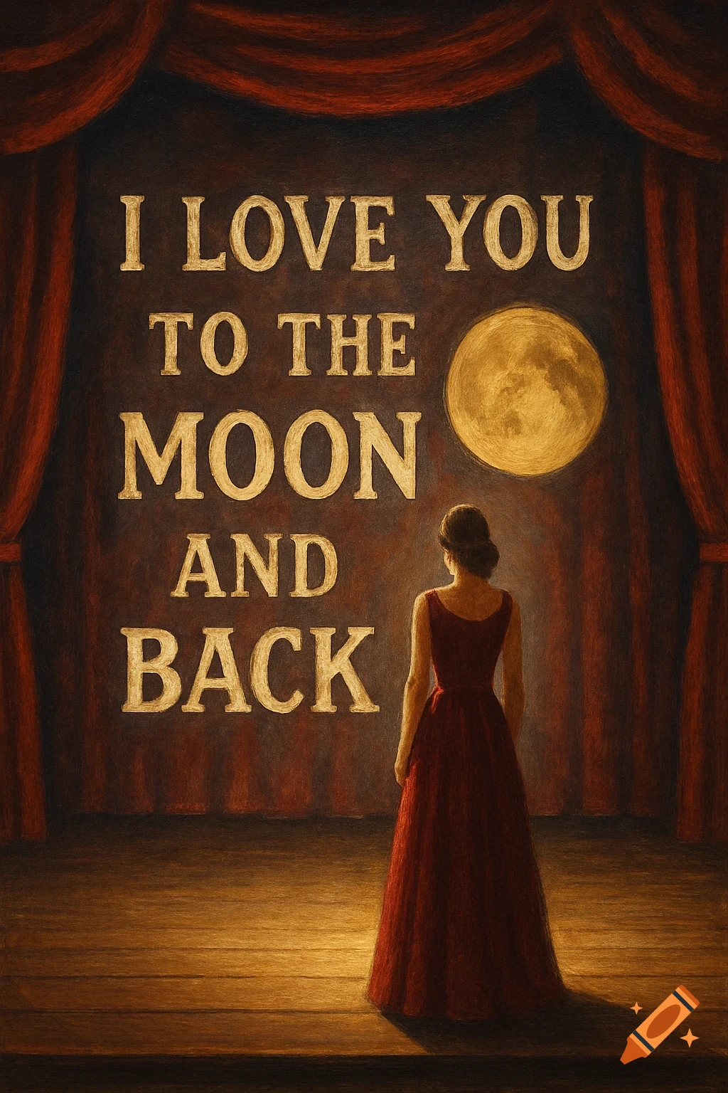 Woman in red dress on stage facing backdrop with 'I LOVE YOU TO THE MOON AND BACK' and moon. Painterly style.