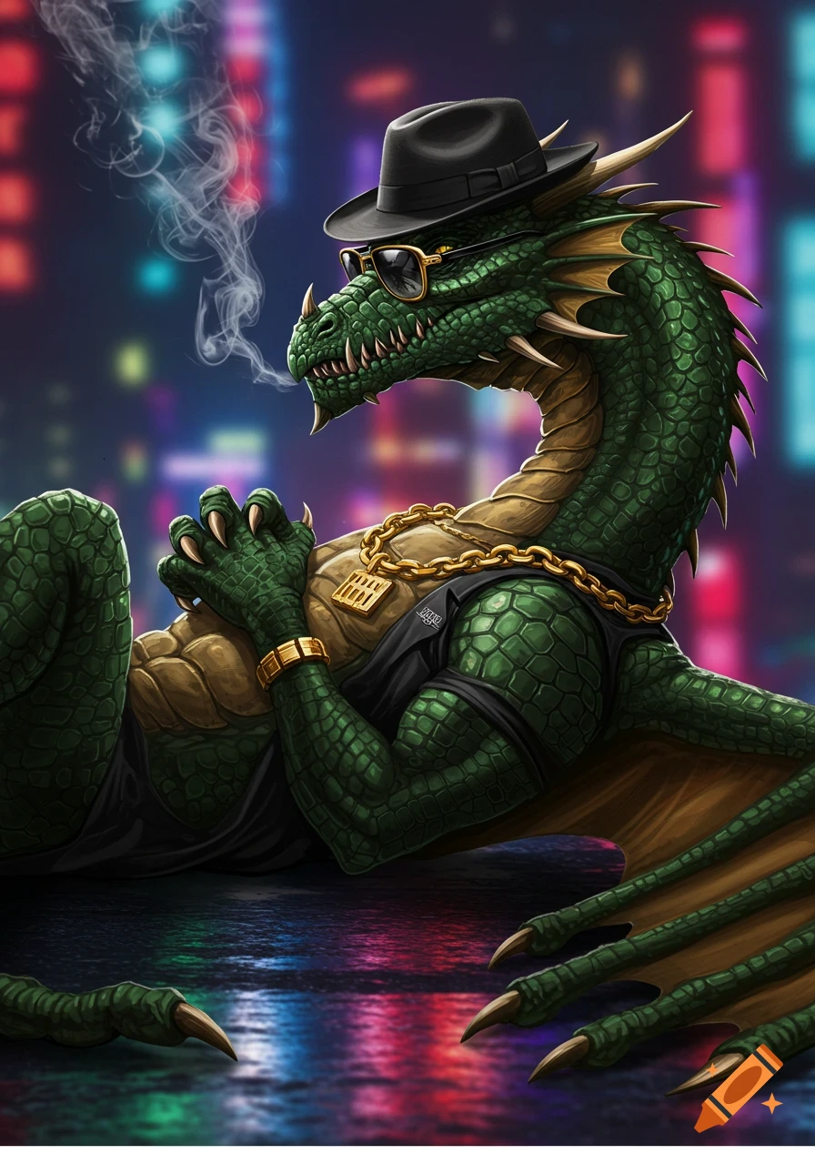 A gangster dragon wearing a hat, sunglasses, and gold chains lies in a neon-lit city.