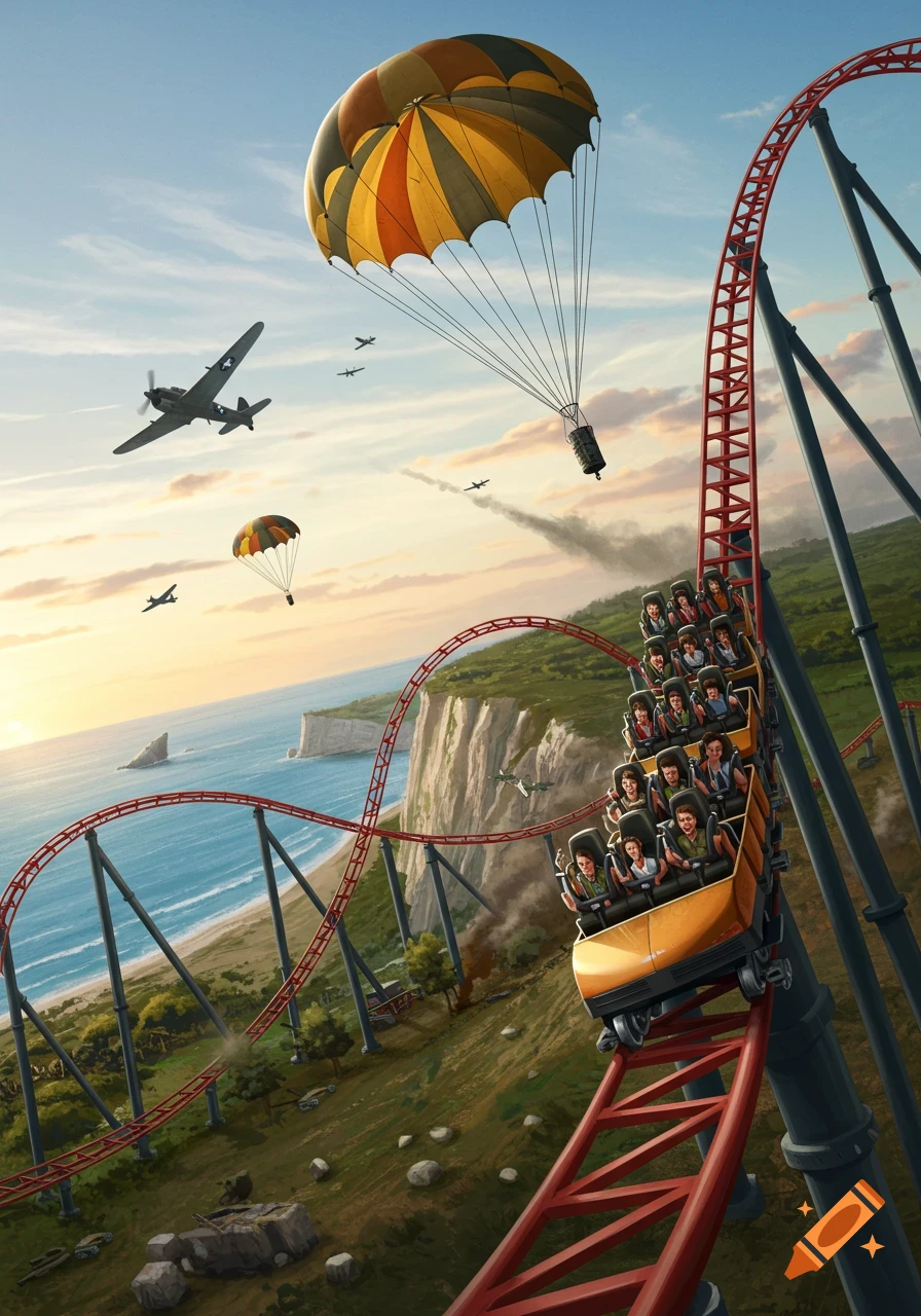 A roller coaster car filled with people descends on a track overlooking cliffs and the ocean, with airplanes flying and parachutists descending nearby.