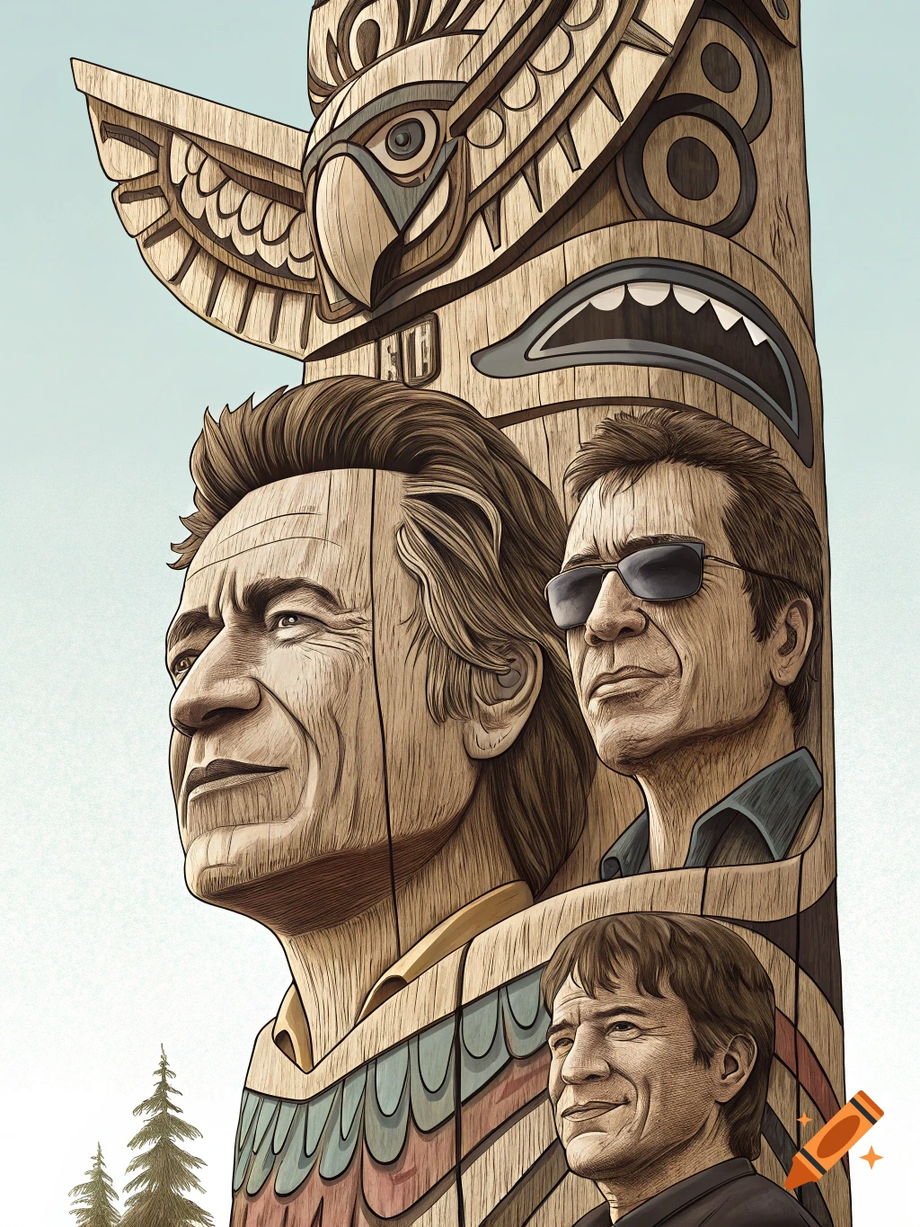 A carved wooden totem pole featuring portraits of Bruce Springsteen, Bryan Adams, and John Mellencamp.
