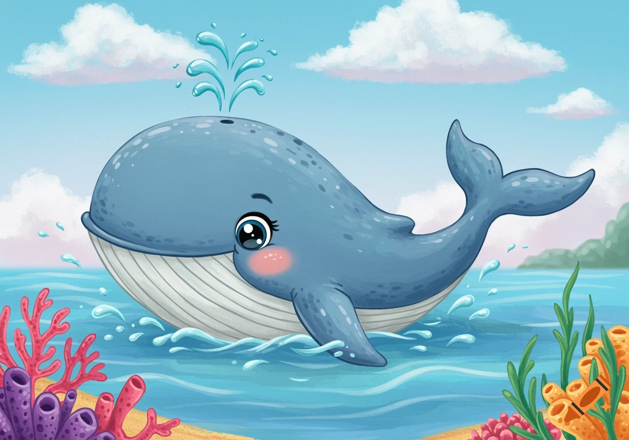 Cartoon blue whale spouting water in the ocean with coral. on Craiyon, image size:1280x896