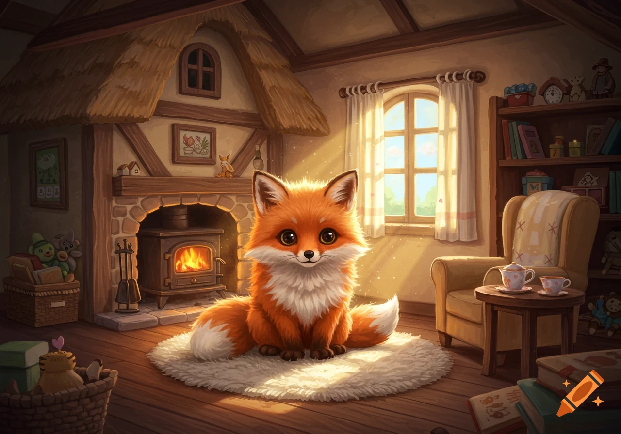 Cute cartoon fox sits on a rug in a cozy, sunny cottage room with a fireplace, armchair, and books. Illustration style.