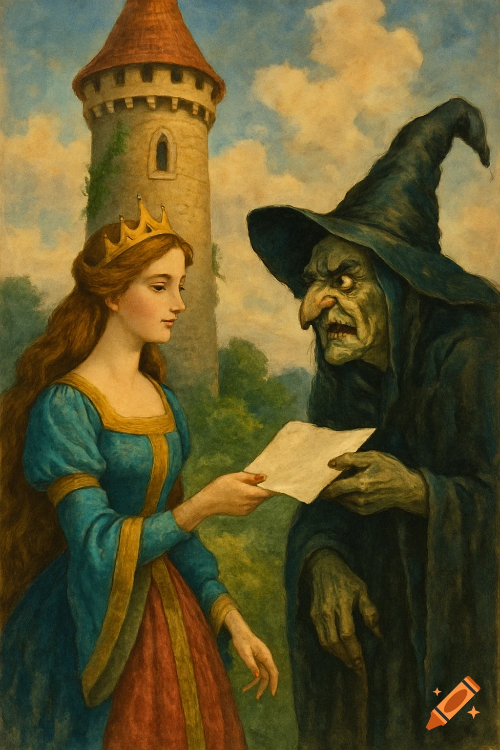 Fairytale illustration of princess giving paper to a witch near a tower.