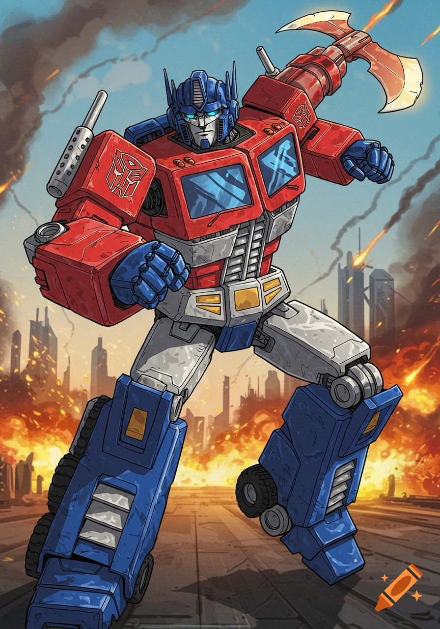 Optimus Prime with an axe stands ready for battle in a ruined city, comic art style