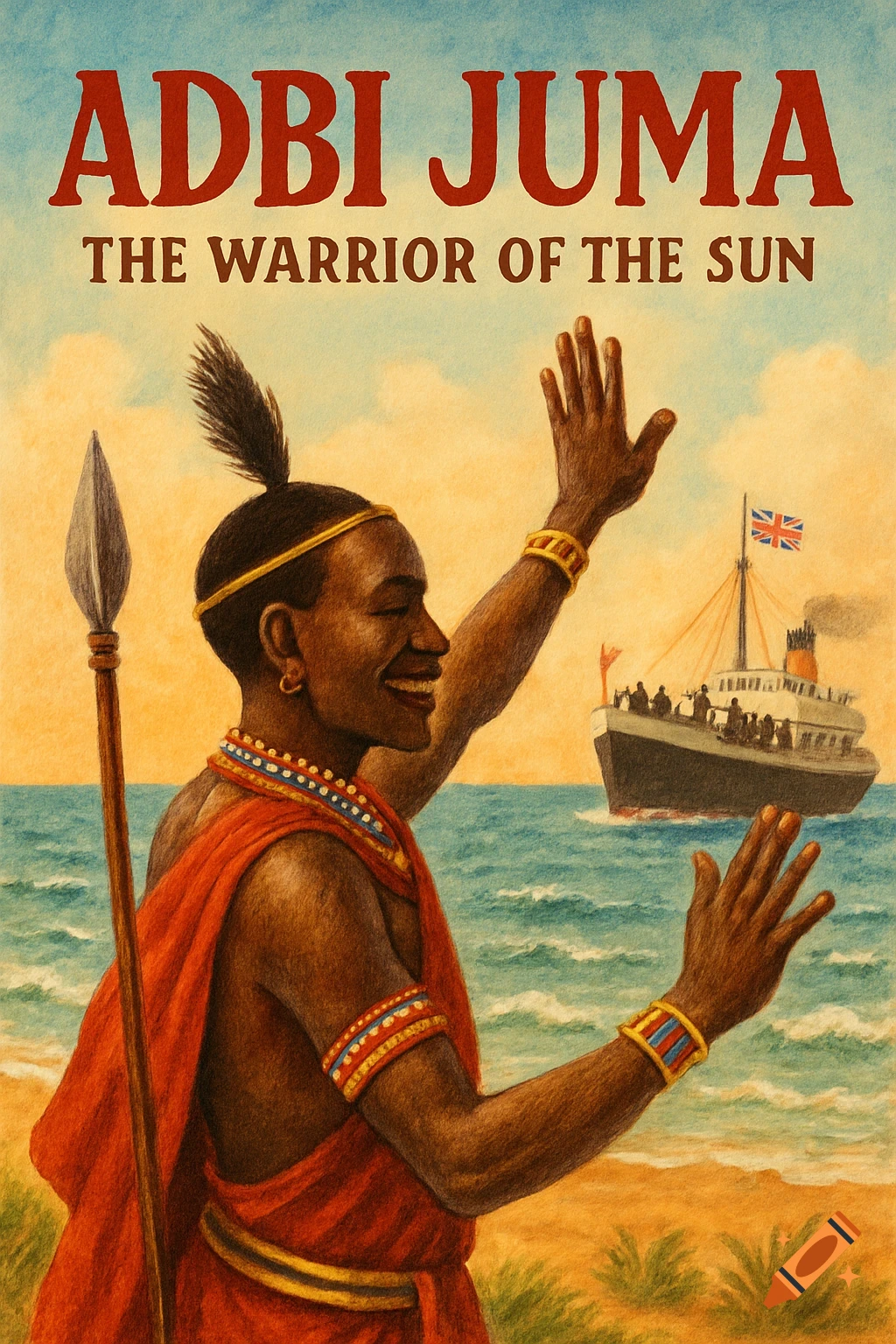 Illustration of an African warrior figure waving on a beach with a ship in the background.