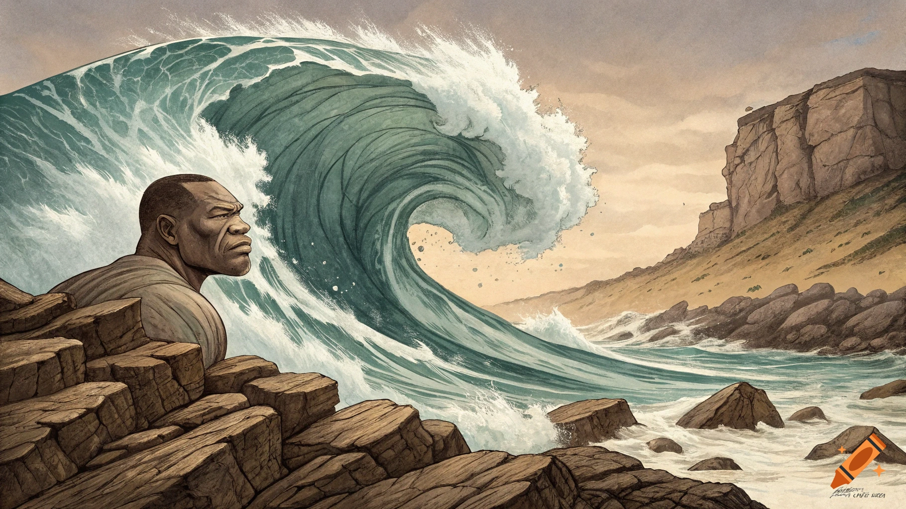 Illustration of a man sitting on rocks watching a giant wave curl and crash against a rocky coast.