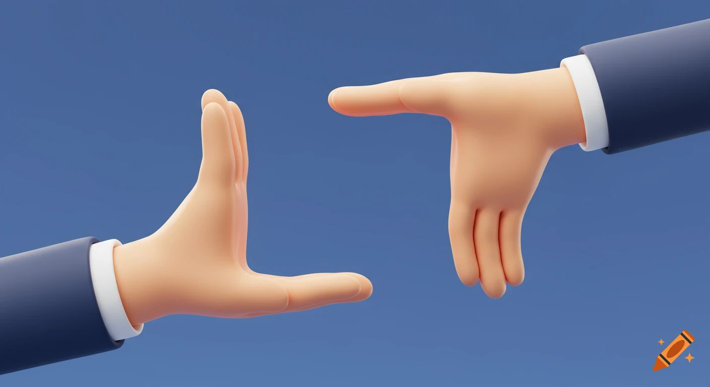 Two 3D cartoon hands framing a view like a director