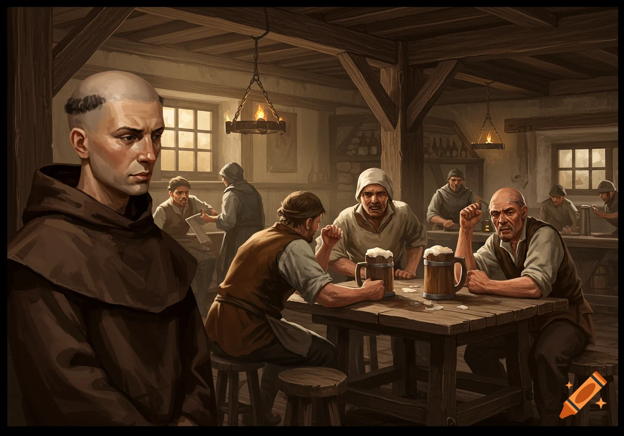 A medieval monk stands in the foreground while peasants drink and talk in a tavern behind him.
