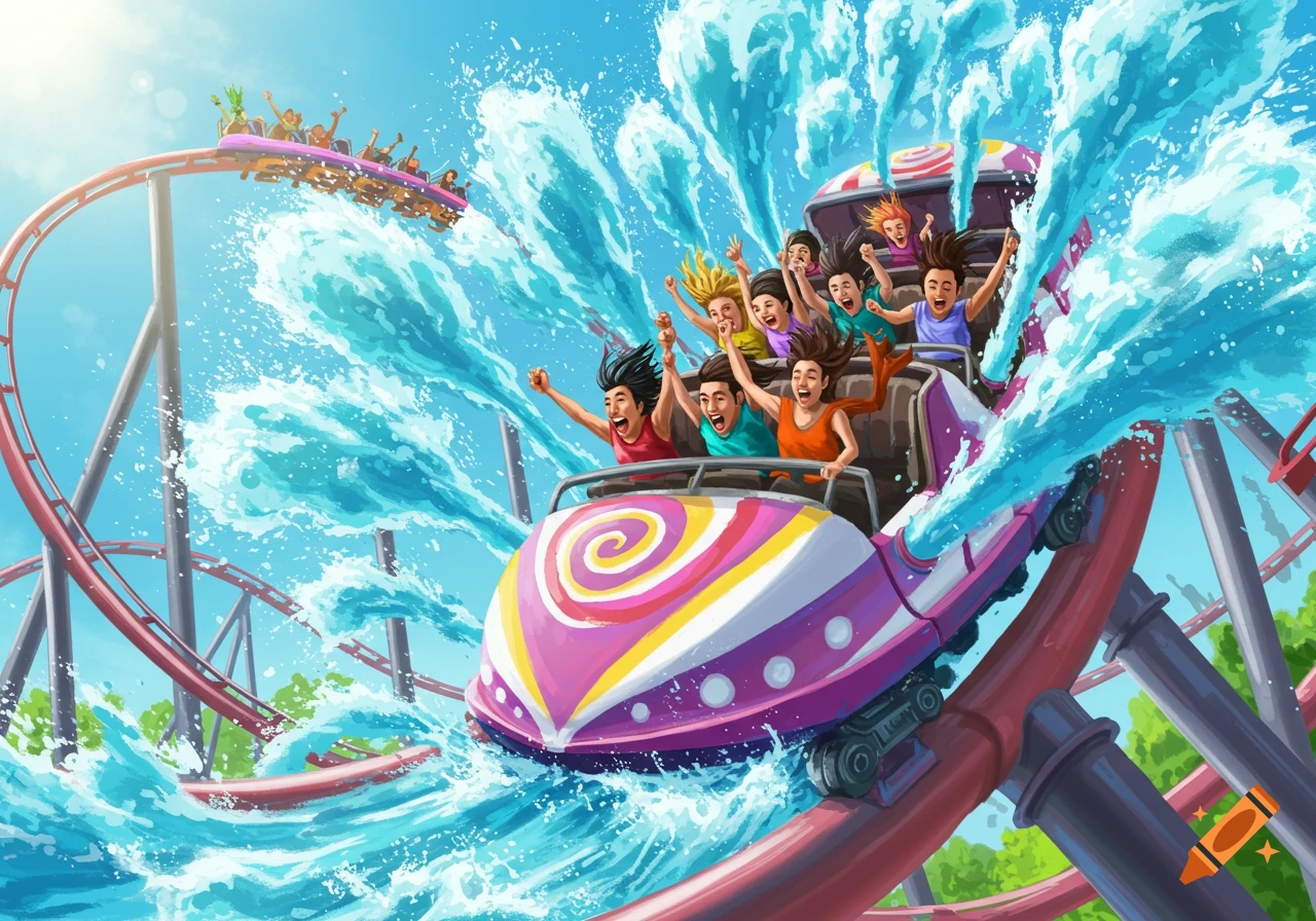 Illustrated roller coaster with people getting soaked by water.