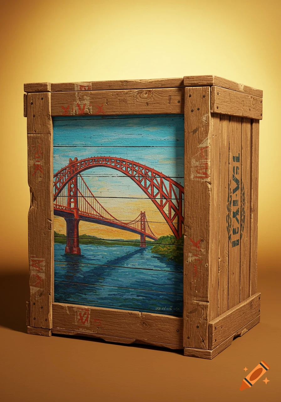 Painting of a red bridge on a wooden shipping crate