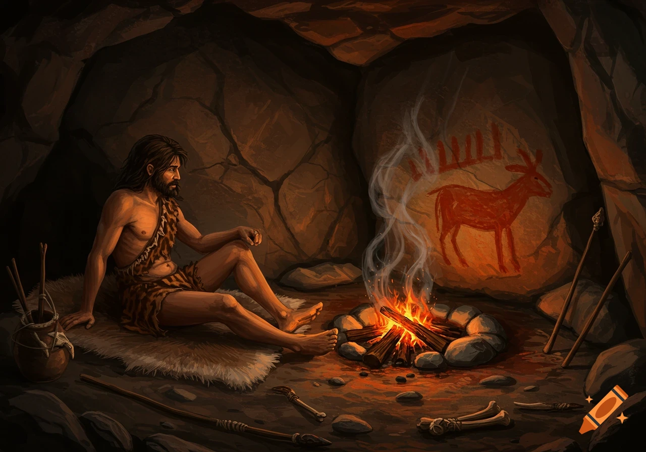 A prehistoric man sits by a campfire in a cave with a cave painting.