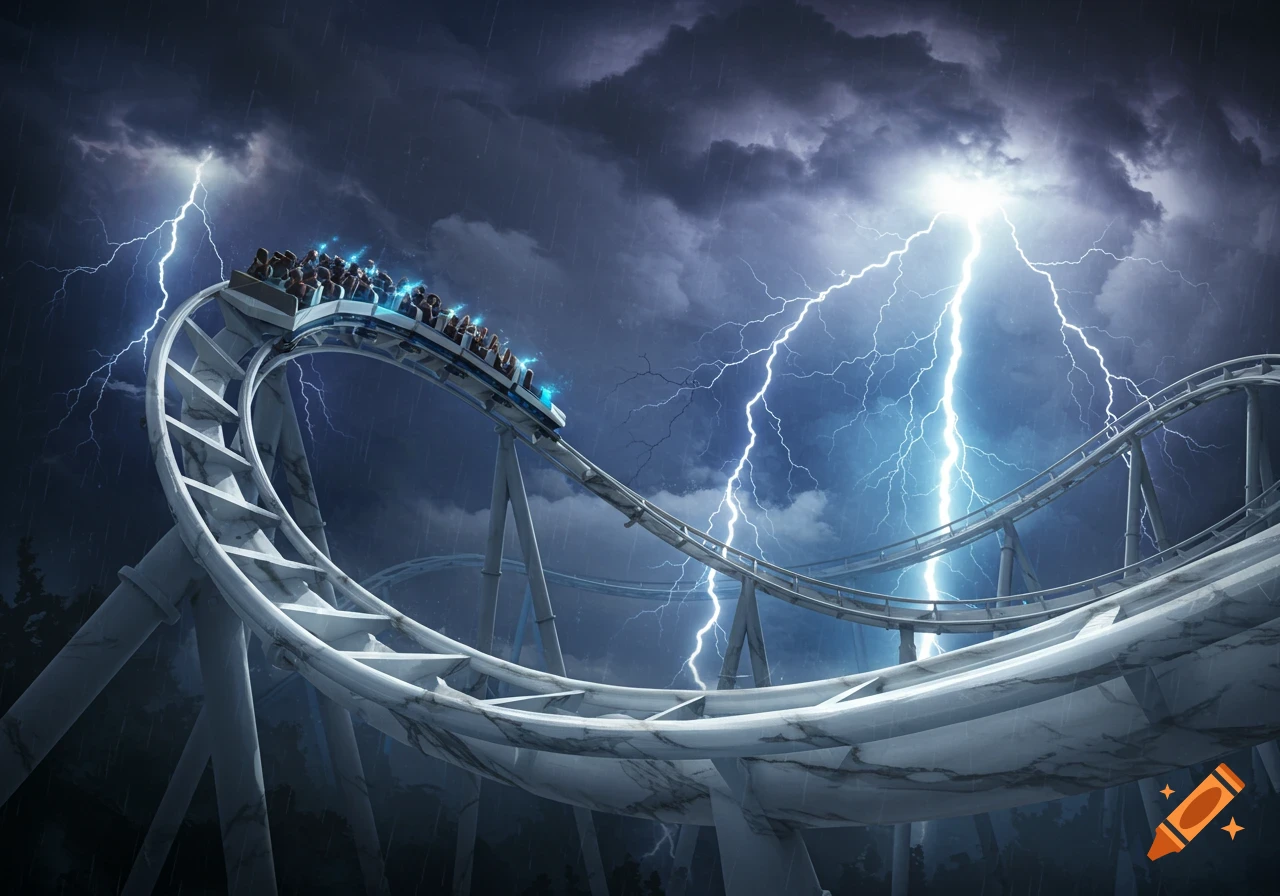 Rollercoaster car during a lightning storm with marble track