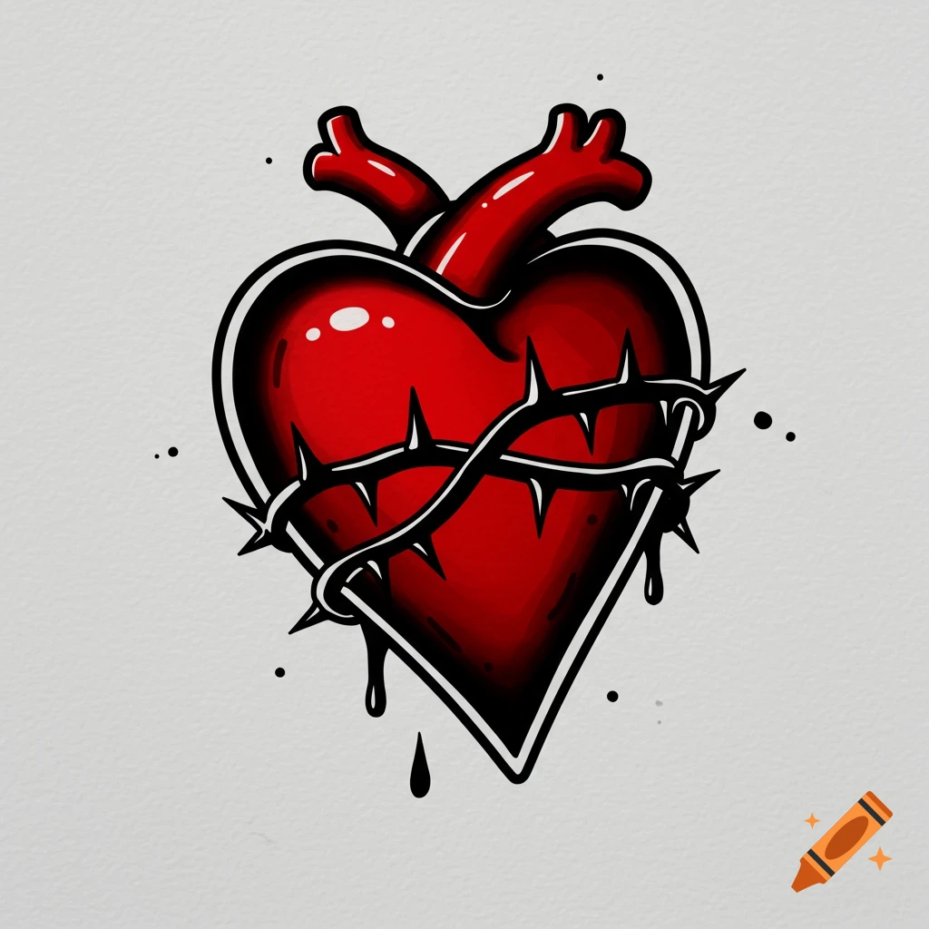 Stylized red heart wrapped in black thorns with dripping blood, in a tattoo illustration style.