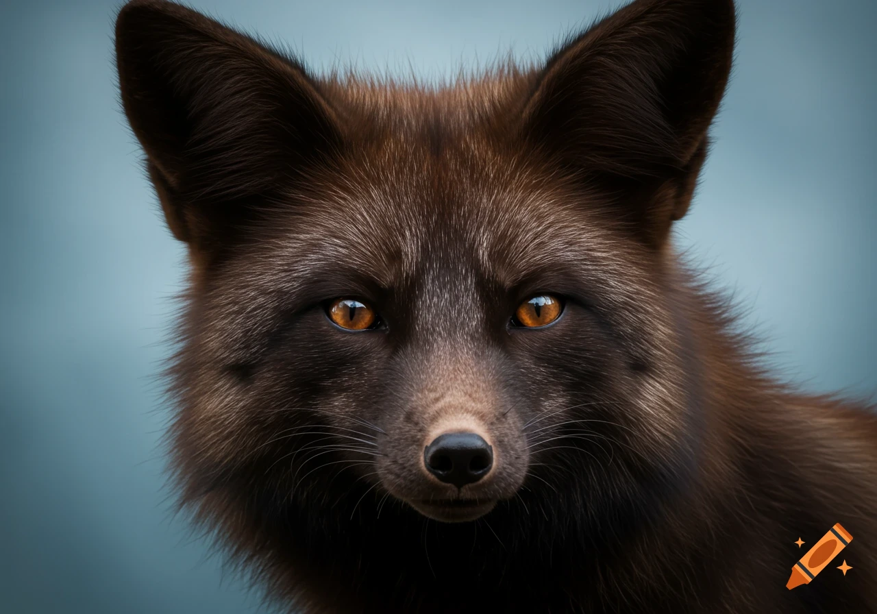 Close-up portrait of a dark fox with bright orange eyes.