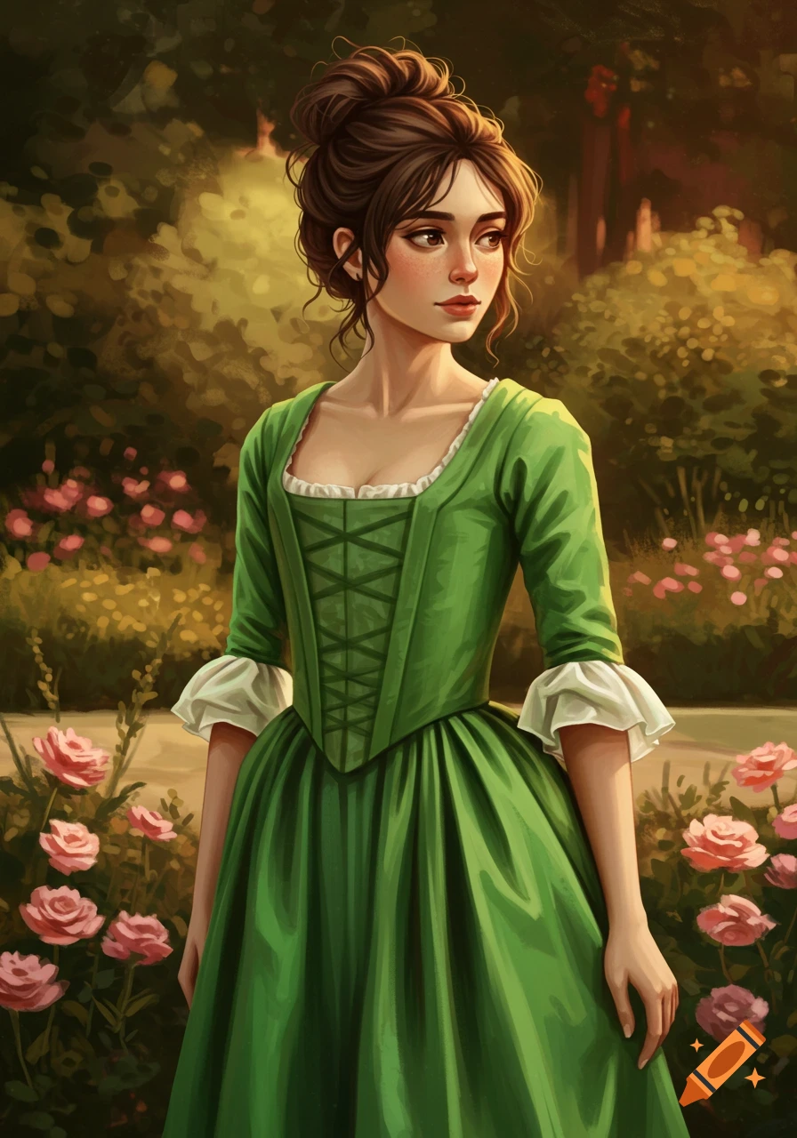 Illustration of a woman in a green 1770s dress standing in a garden