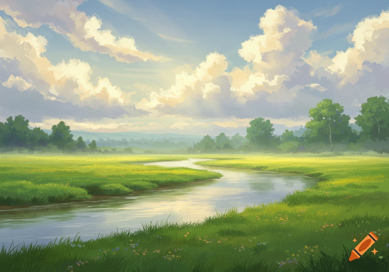 A winding river flows through a lush green field under a sky with large, sunny clouds.
