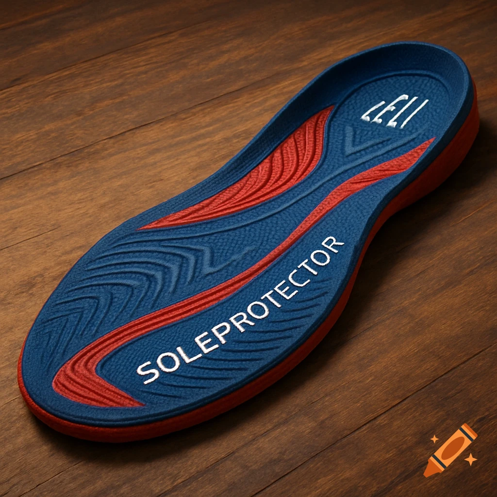 A blue and red athletic shoe sole with the text "SOLEPROTECTOR" on it, resting on a wooden surface.