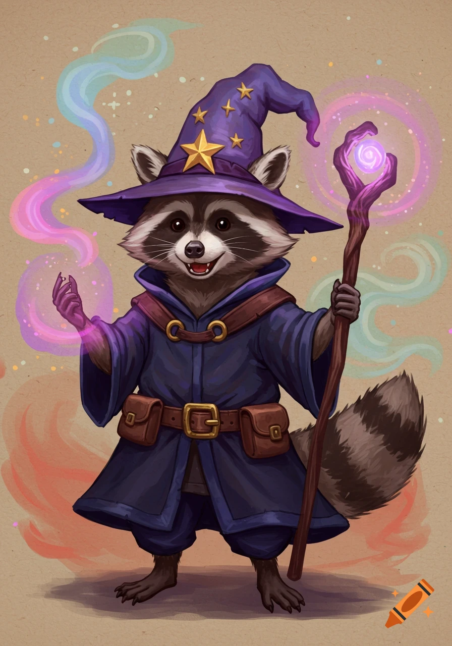 An illustration of a raccoon dressed as a wizard casting a spell