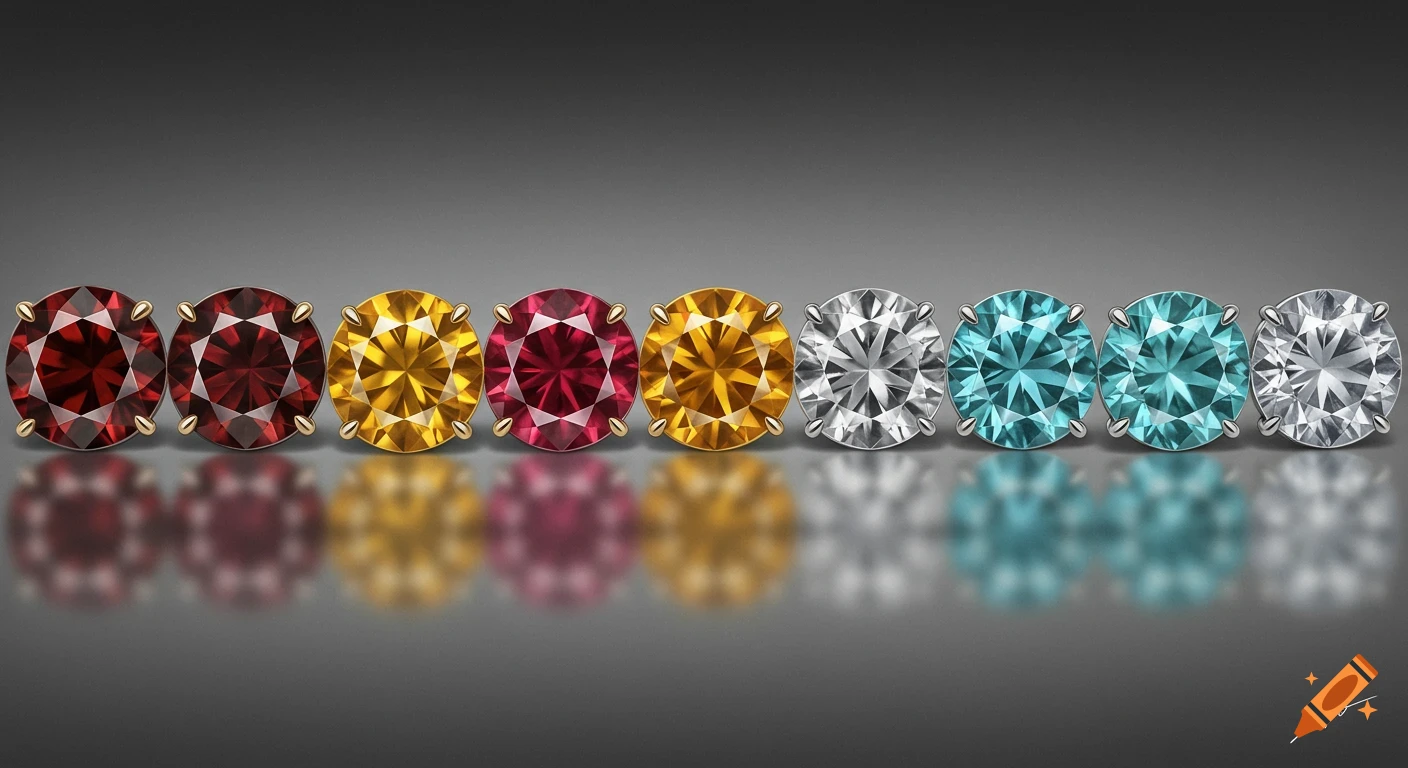 Row of red, gold, pink, blue, and white round gemstones reflecting on a surface.