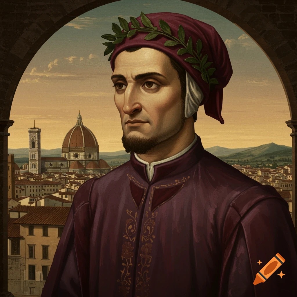 Painting of a man in a red hat and laurel wreath, standing before a city skyline with a dome, framed by an arch.