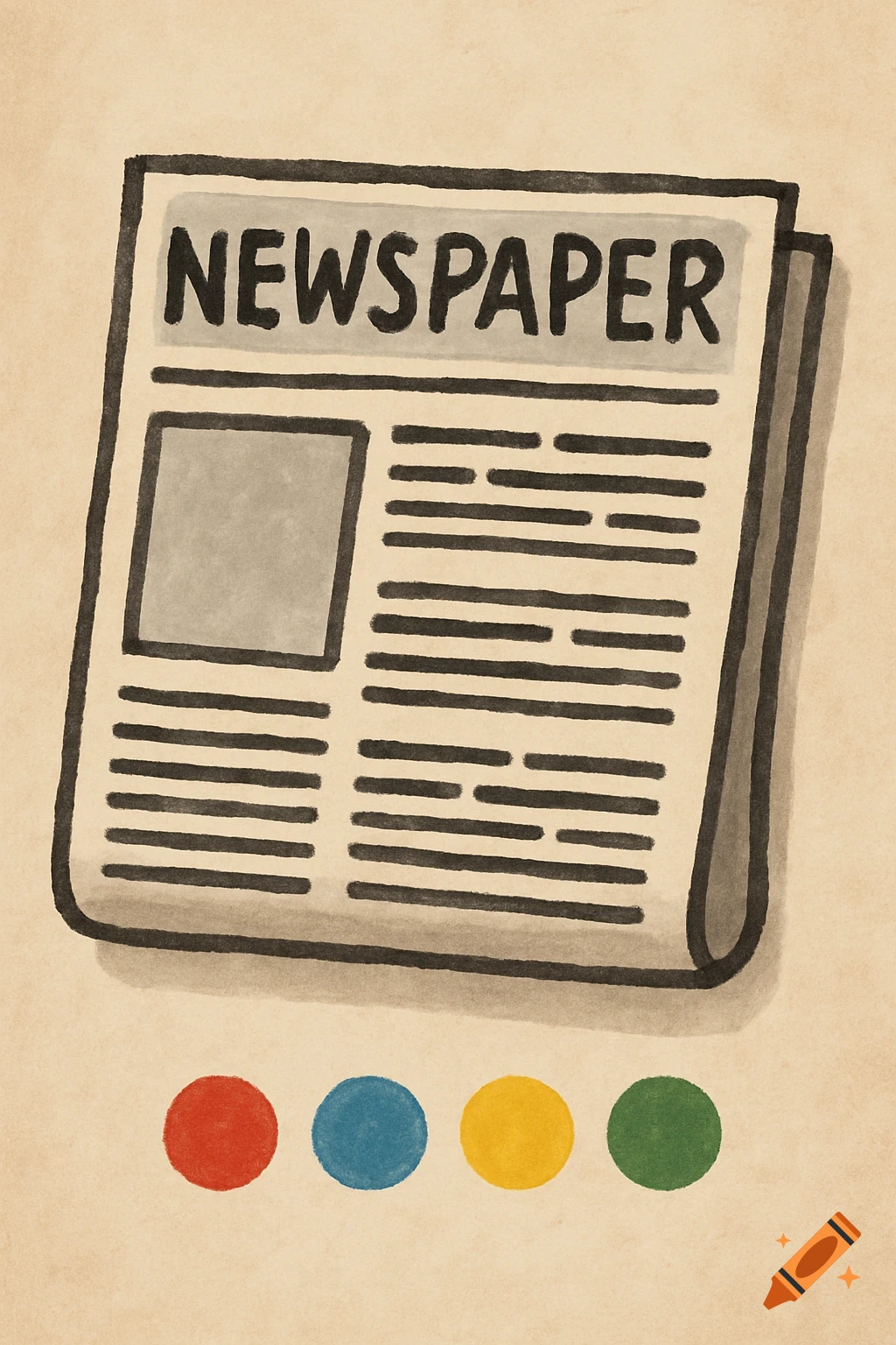 Stylized illustration of a newspaper with red, blue, yellow, and green dots below