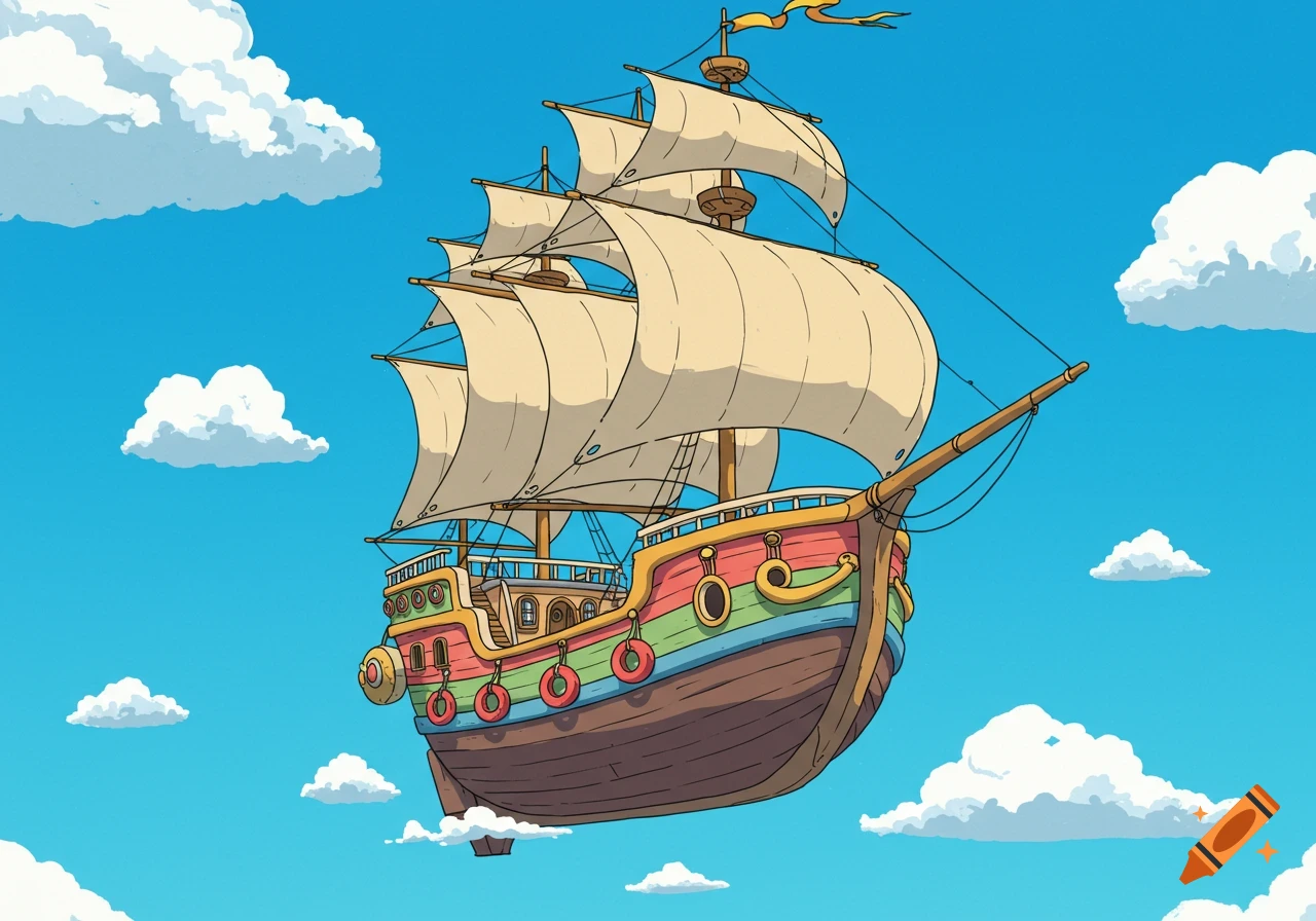 A cartoon flying ship with colorful details and sails floats in a bright blue sky among fluffy white clouds.