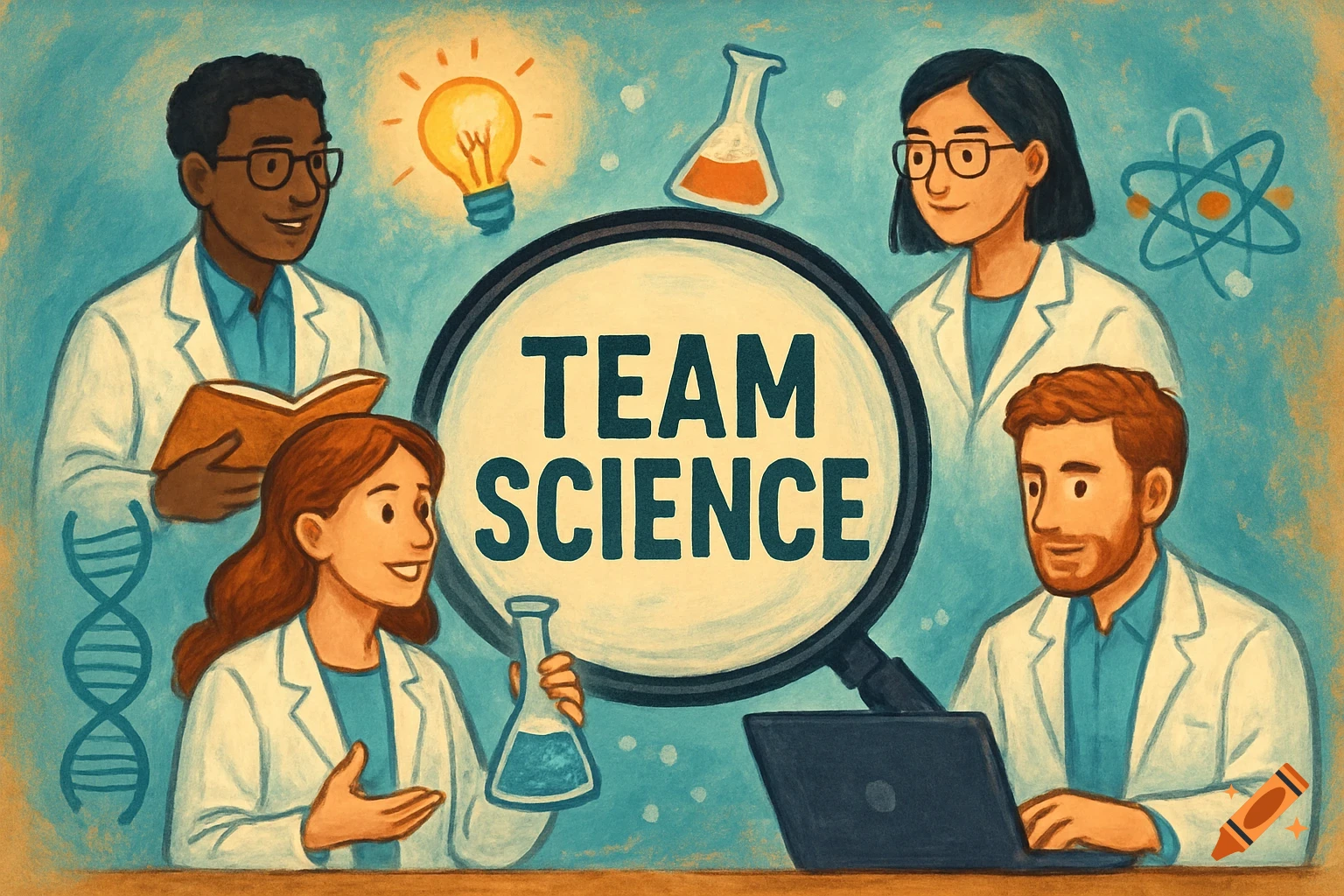 Illustration of four diverse scientists with science icons and the text 'TEAM SCIENCE' inside a magnifying glass.