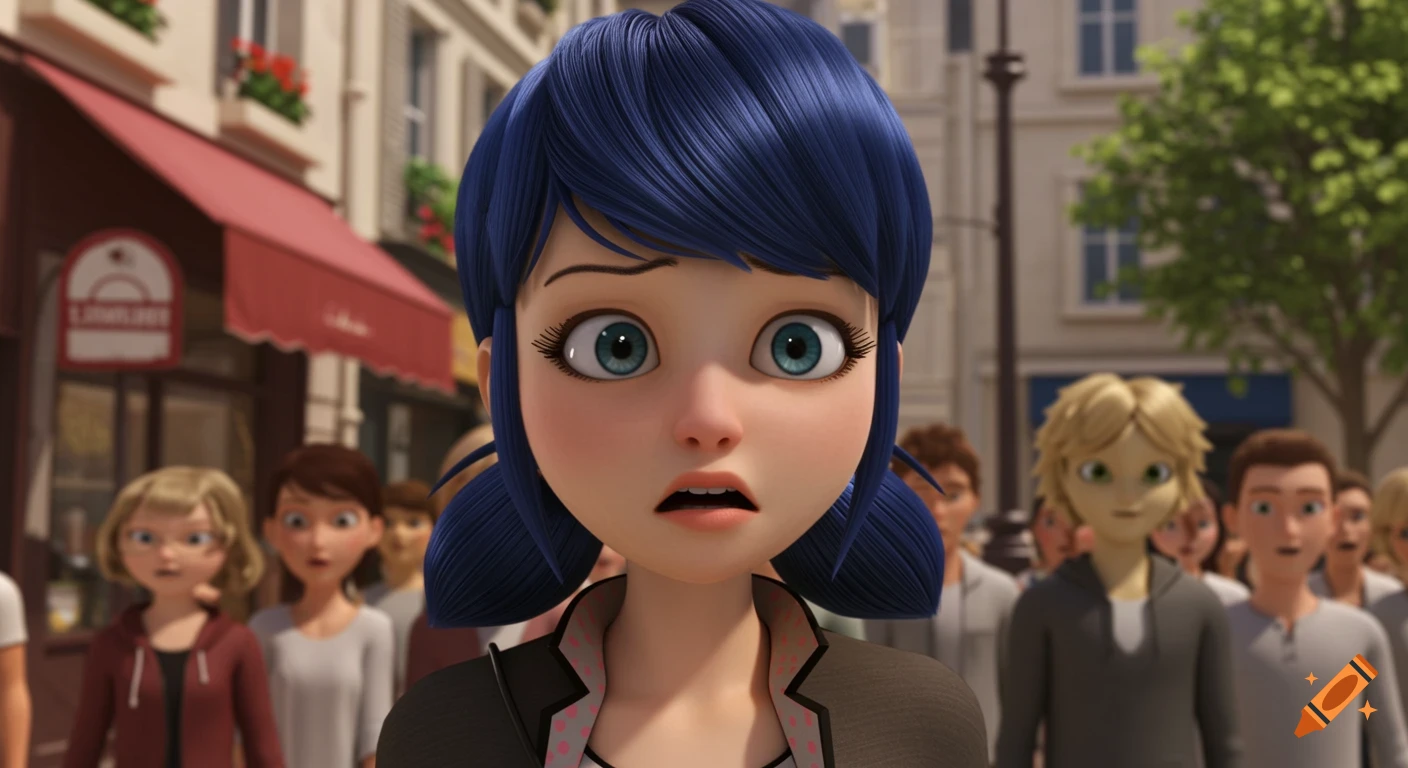 Close-up of Marinette Dupain-Cheng from Miraculous Ladybug looking shocked in a crowd.